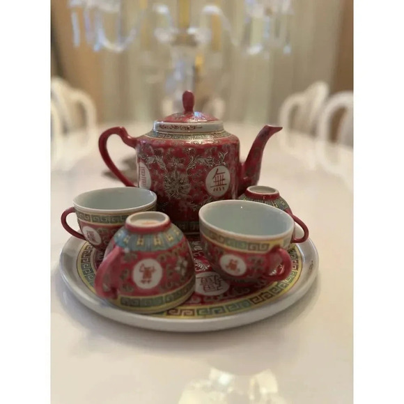 Chinese Wan Shou Wu Jiang Red Enamel Tea Set - Picture 9 of 9